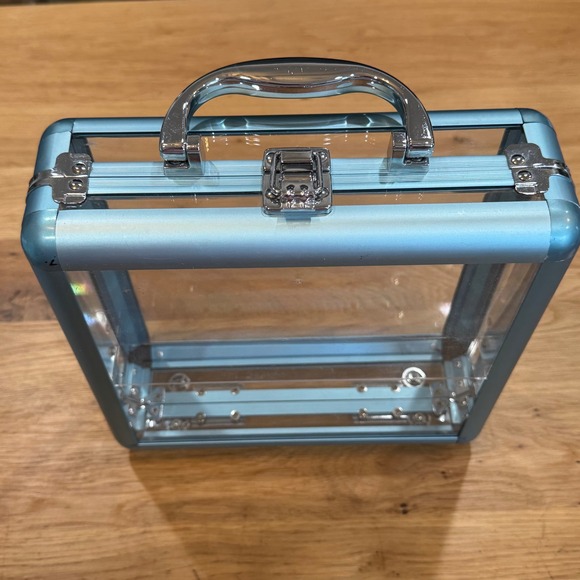 Handbags - Clear Acrylic Makeup Train‎ Case Blue Aluminum Frame Cantilever Tray Organizer